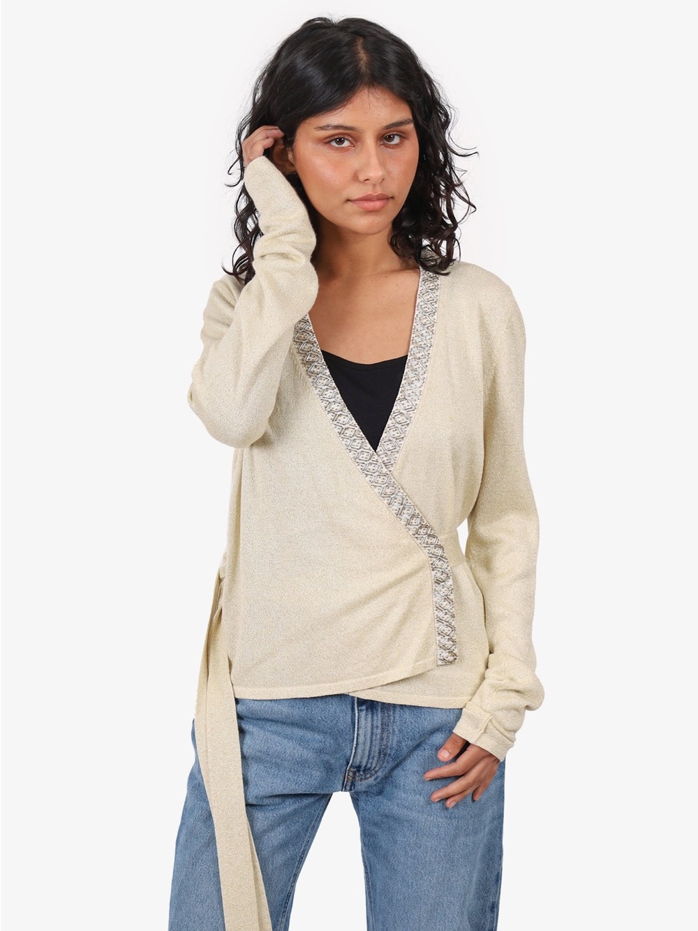 Diane von Furstenberg (DVF) Ballerina Gold Shimmer Bead Trim Wrap Cardigan -US L